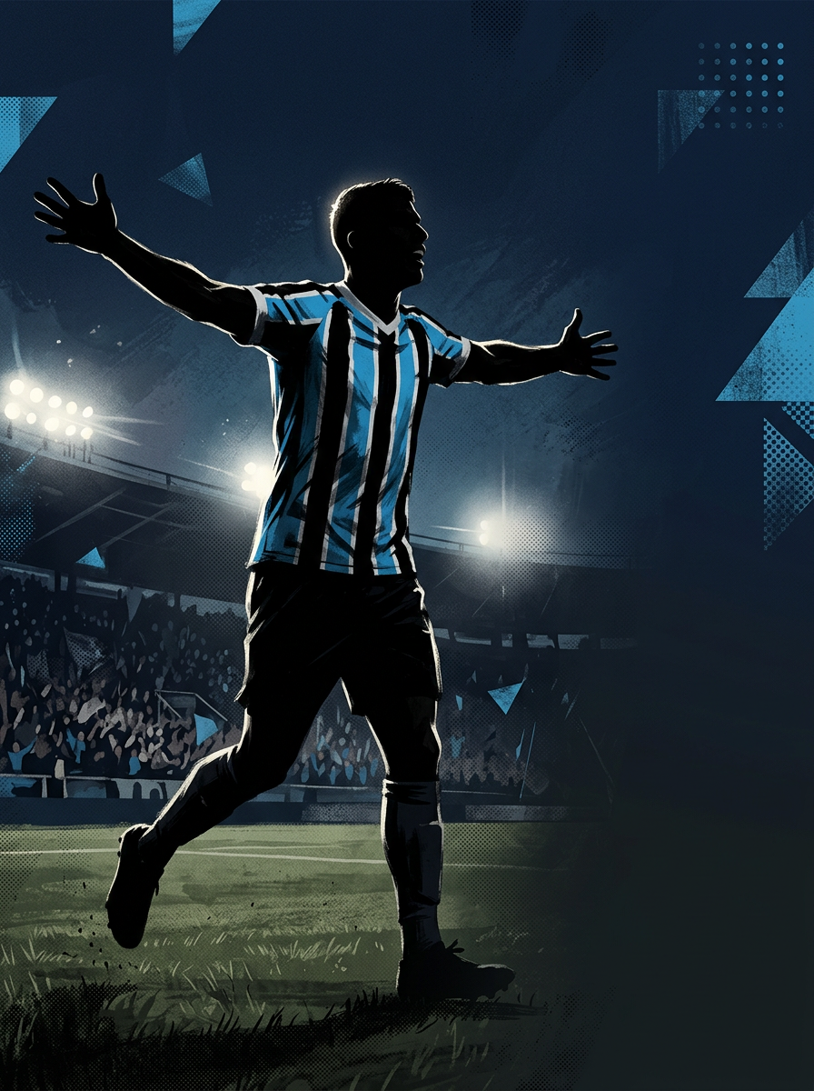 Ilustração editorial de um centroavante celebrando gol com a camisa do Grêmio